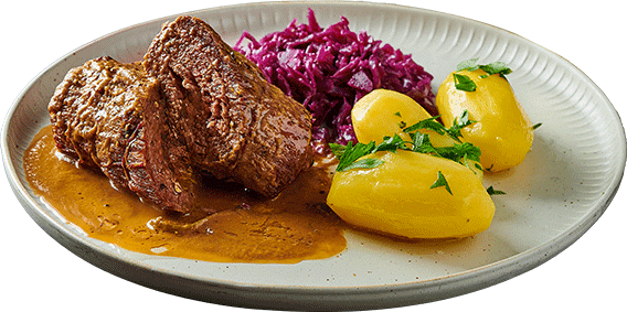 Roulade mit Rotkohl und Salzkartoffeln 