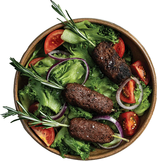 Lamb Kofta on Rosemary Sprig Skewers alongside fresh salad 